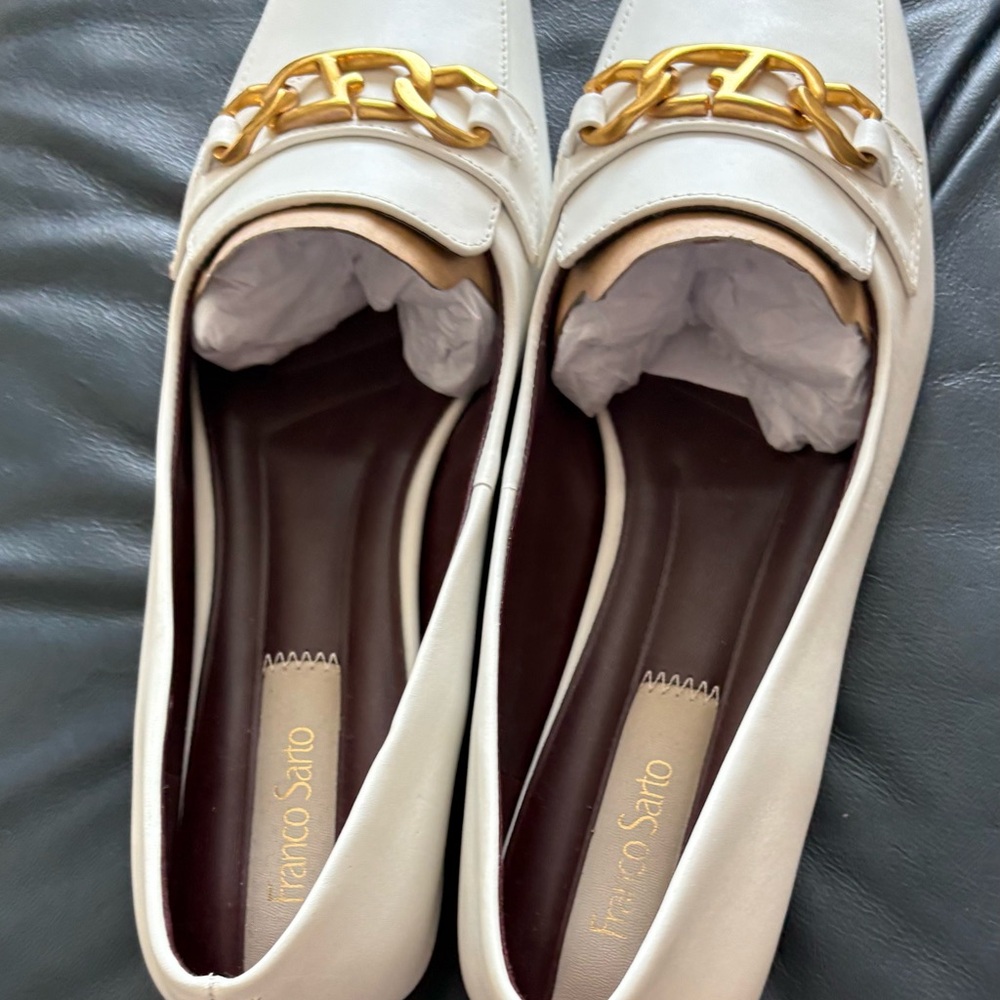 Franco Sarto White Loafers with Gold Chain